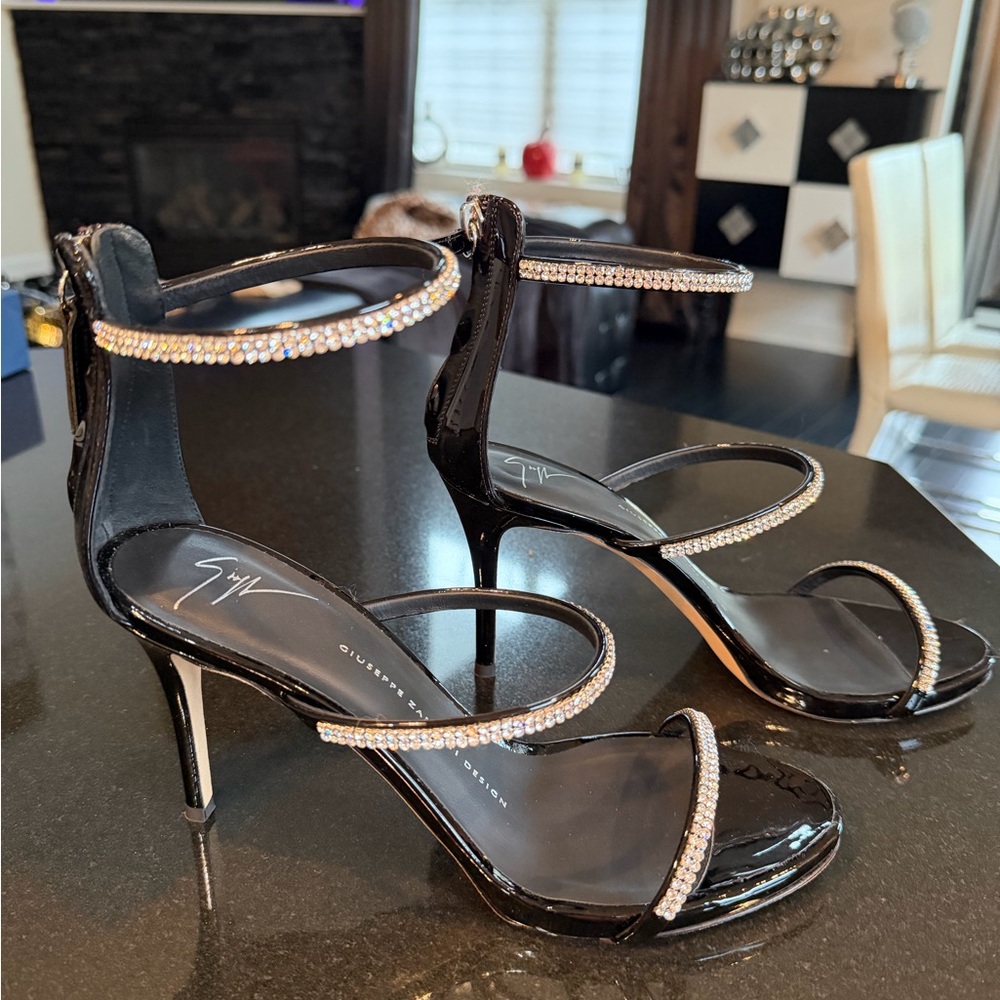 Giuseppe Zanotti Black Heels with Rhinestone Straps